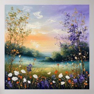 Summer Landscape with Wildflowers and Trees Poster