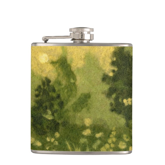 Summer lawn, wool painting, landscape green shades hip flask (Front)