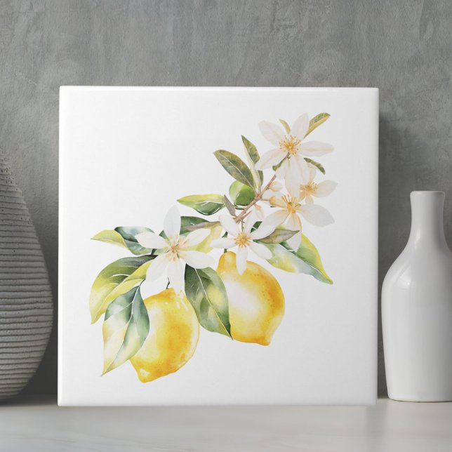 Summer Lemon and Flowers Botanical Tree Branch Tile (Close up)