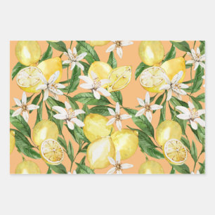 Summer Lemon blossom pattern on orange Wrapping Paper Sheet