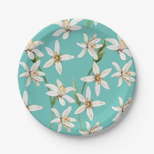 Summer Lemon blossom pattern on teal Paper Plate