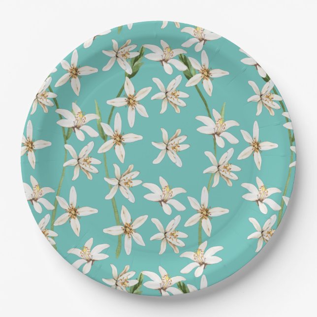 Summer Lemon blossom pattern on teal  Paper Plate (Front)