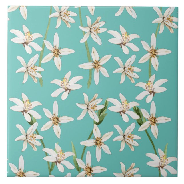 Summer Lemon blossom seamless pattern on teal  Tile (Front)