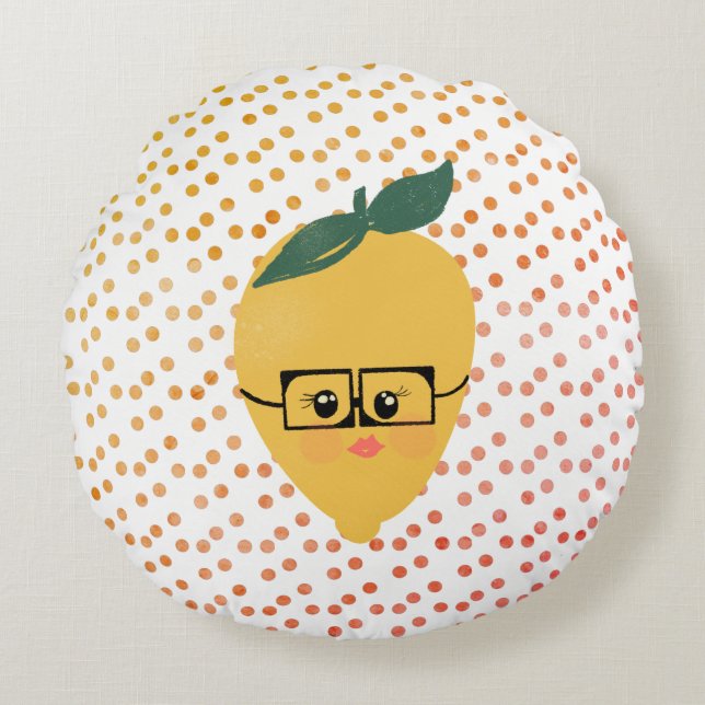 Summer Lemon Cartoon Hand Drawn Doodle  Round Pillow (Front)