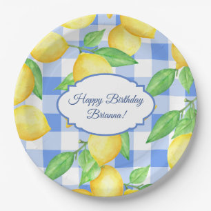 Summer Lemon Gingham Birthday Paper Plate