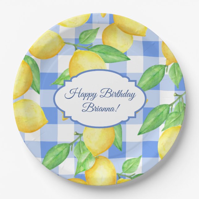 Summer Lemon Gingham Birthday Paper Plate (Front)