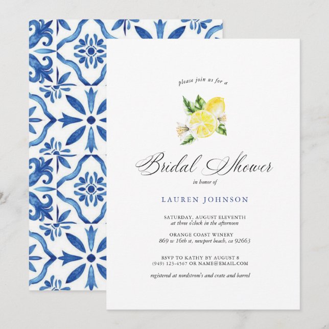 Summer Lemon & Mediterranean Tiles Bridal shower Invitation (Front/Back)