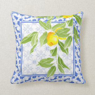 Summer Lemon on Portuguese Blue and White Azulejo Throw Pillow