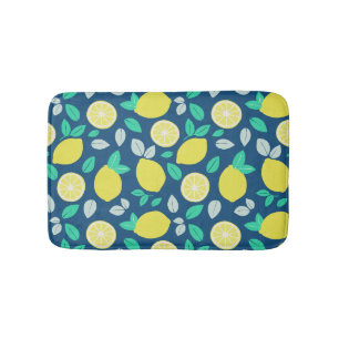 Summer Lemon Pattern in Navy Blue Bath Mat