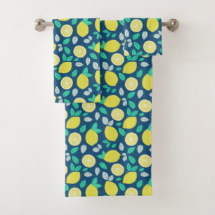 Summer Lemon Pattern in Navy Blue Bath Towel Set
