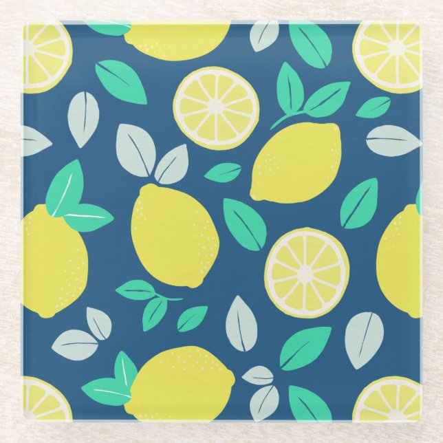 Summer Lemon Pattern in Navy Blue Glass Coaster (Front)