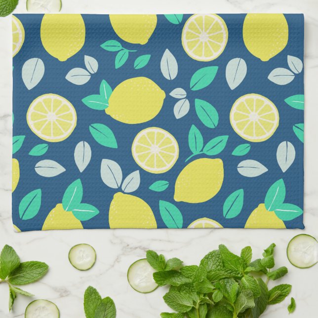 Summer Lemon Pattern in Navy Blue Kitchen Towel (Folded)