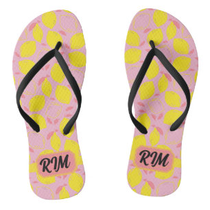 Summer Lemon Pattern Initial Yellow Pink Lemonade Flip Flops