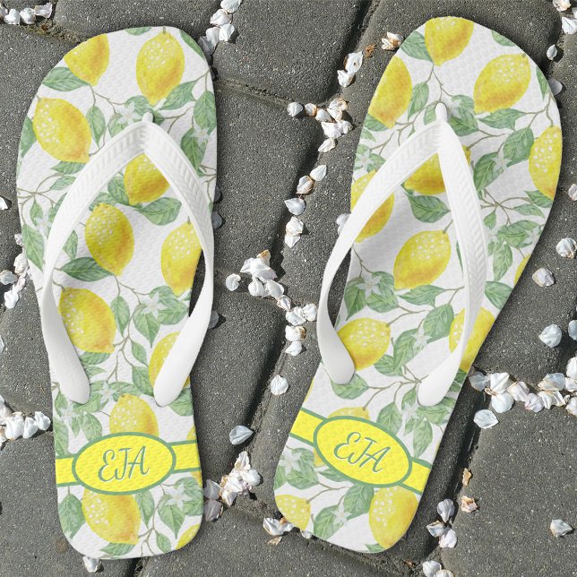 Summer Lemon Pattern Initial Yellow White Lemonade Flip Flops (Creator Uploaded)