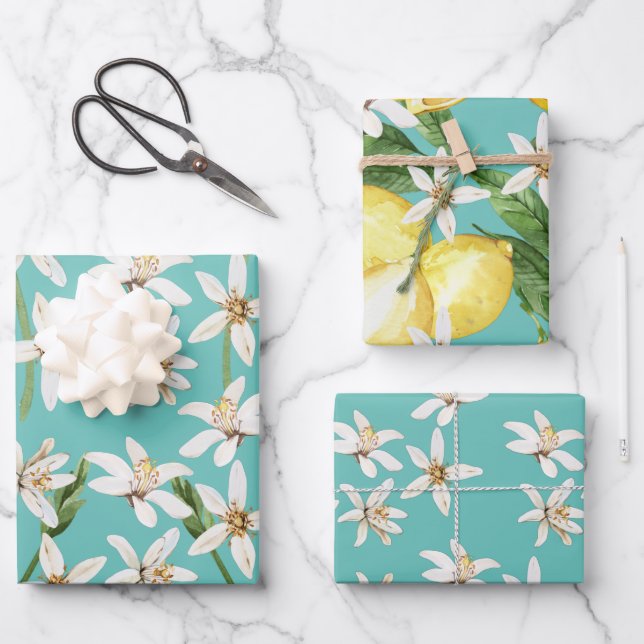 Summer Lemons and blossom patterns on teal  Wrapping Paper Sheet (Front)