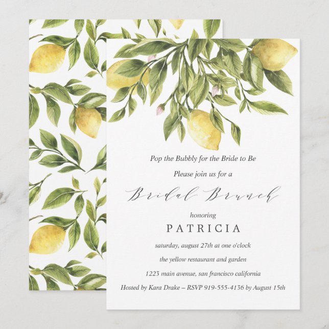 Summer Lemons and Foliage Wedding Bridal Brunch Invitation (Front/Back)