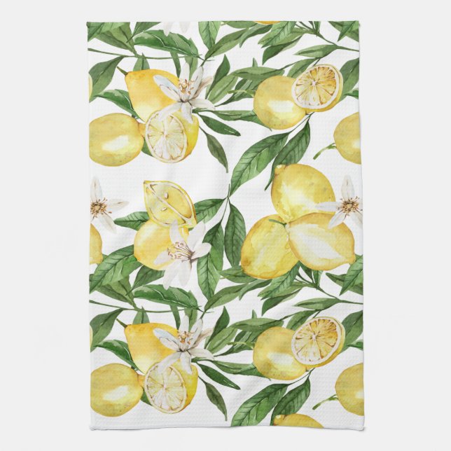 Summer lemons and lemon blossom pattern  kitchen towel (Vertical)