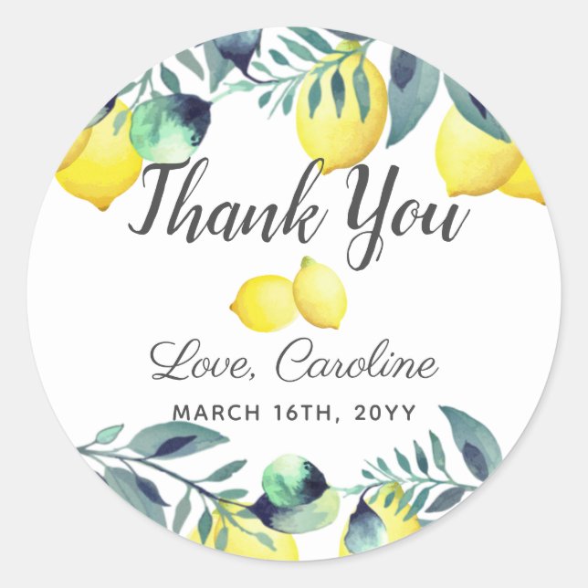 Summer Lemons & Eucalyptus Bright Bridal Shower Classic Round Sticker (Front)