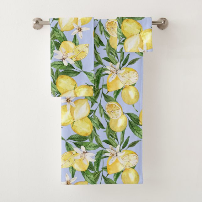 Summer lemons  lemon blossom pattern pastel blue  bath towel set (Insitu)
