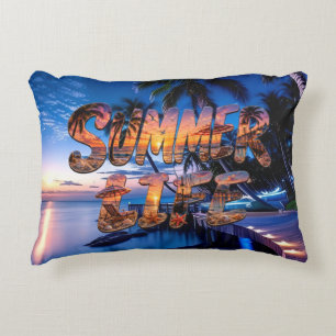 Summer Life Tropical Beach Sunset Typography T-SH Accent Pillow