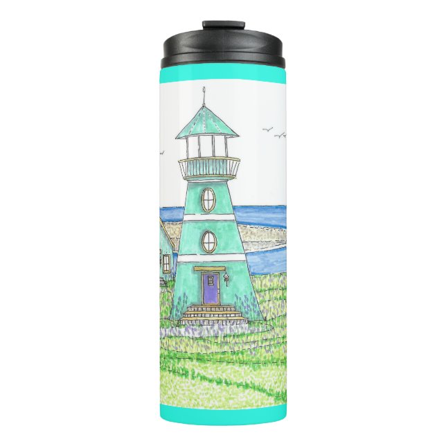 Summer Lighthouse 3; Thermal Tumbler; Bright Aqua Thermal Tumbler (Front)