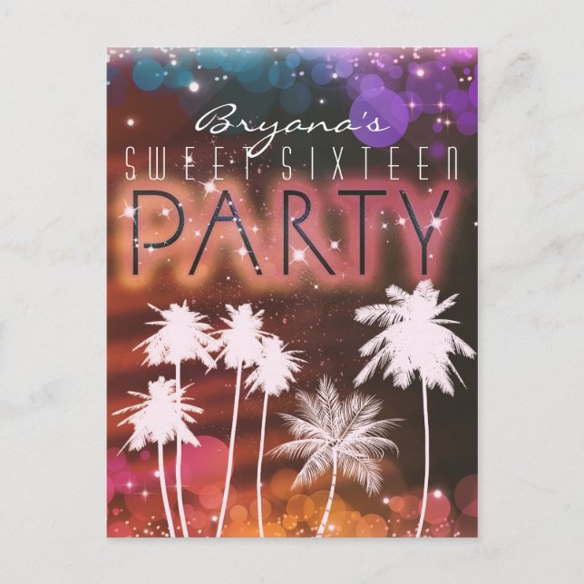 Summer Lights Sparkle Palm Trees Party Invitation Postcard (Front)