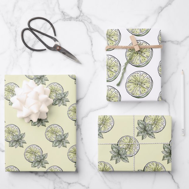 Summer Lime and Botanical leaf Gift Wrap Sheets (Front)