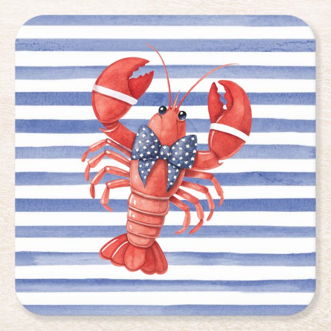 Summer Lobster with Bow and Stripes Square Paper Coaster (Front)