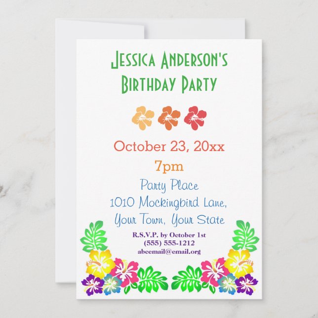 Summer Luau Hibiscus Hawaiian Tropical Birthday Invitation (Front)