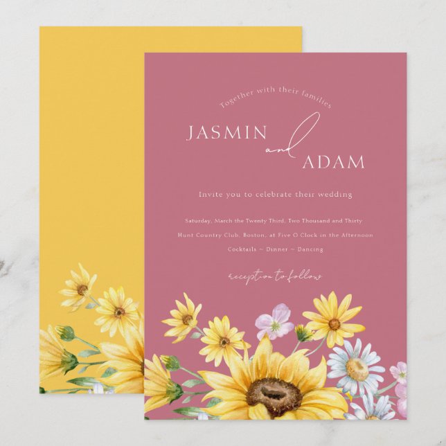 Summer Magenta Pink Yellow Sunflowers Wedding Invitation (Front/Back)