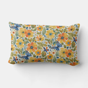 Summer Magic Gold and Blue Floral Lumbar Pillow