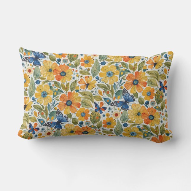 Summer Magic Gold and Blue Floral Lumbar Pillow (Back)