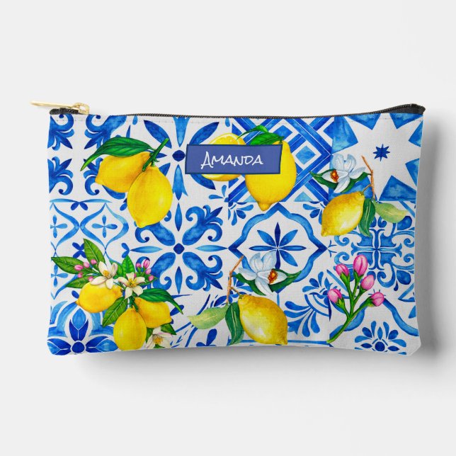 Summer majolica blue Sicilian citrus Mediterranean Accessory Pouch (Front)