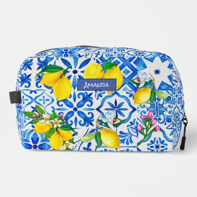 Summer majolica blue Sicilian citrus Mediterranean Dopp Kit (Front)