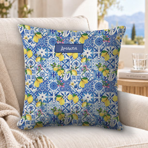 Summer majolica blue Sicilian citrus Mediterranean Throw Pillow