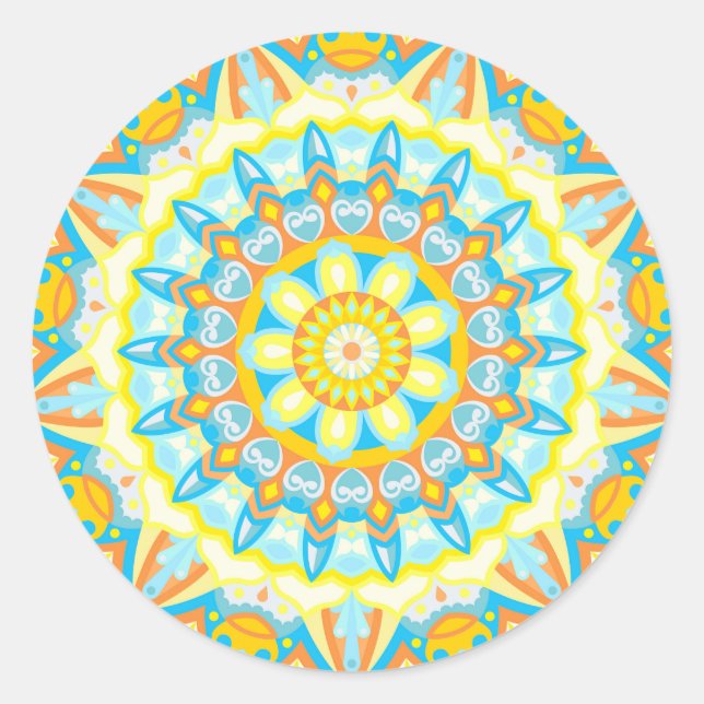 Summer Mandala Bright Yellow Orange Aestetic Boho Classic Round Sticker (Front)