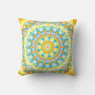 Summer Mandala Bright Yellow Orange Boho Floral Throw Pillow
