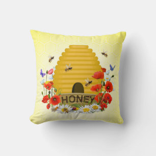 Summer Meadow Beehive and Honey Pot Throw Pillow