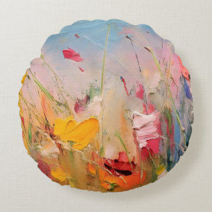 Summer Meadow – Expressive Abstract Wildflowers Round Pillow