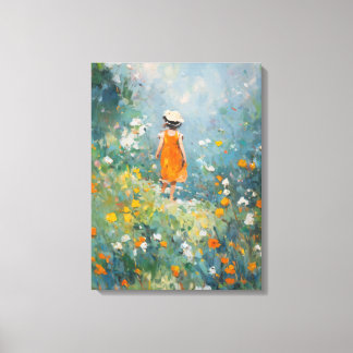 Summer Meadow – Impressionist Girl in Orange Dress Canvas Print