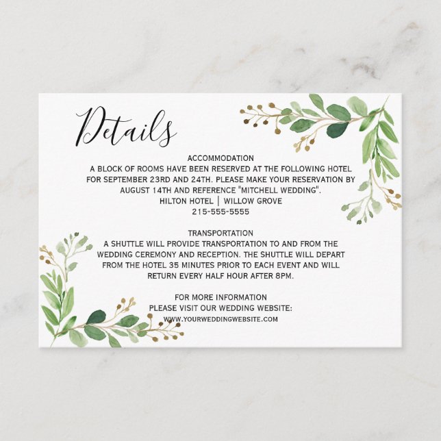 Summer meadow leaves Watercolor Wedding Details Enclosure Card (Front)