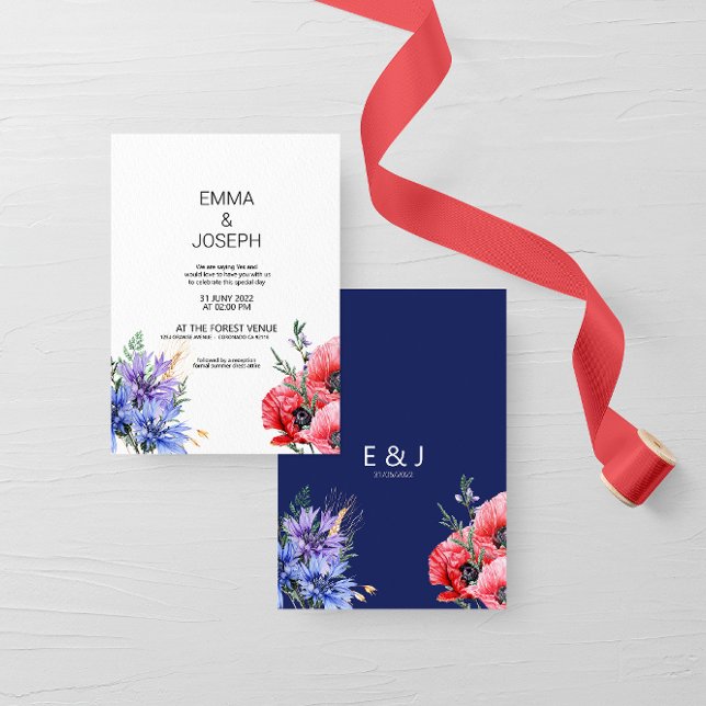 Summer Meadow Wildflower blue modern Wedding Invitation (Creator Uploaded)