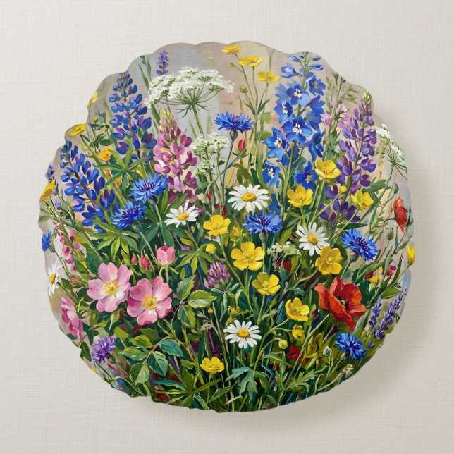 Summer Meadow Wildflowers Round Pillow (Front)