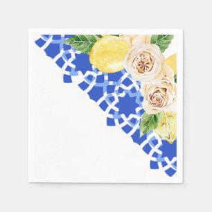 Summer Mediterranean blue tile and lemons print Napkin