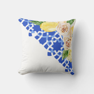 Summer Mediterranean blue tile and lemons print  Throw Pillow