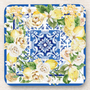 Summer Mediterranean lemon and flowers print  Coaster
