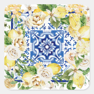 Summer Mediterranean lemon and flowers print Square Sticker