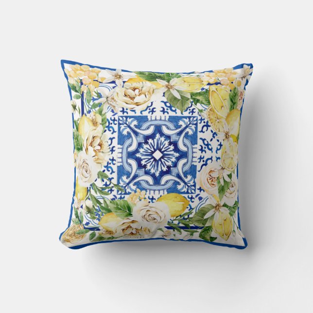 Summer Mediterranean lemon and flowers print  Throw Pillow (Front)