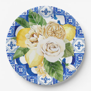 Summer Mediterranean lemon and flowers tile print  Paper Plate