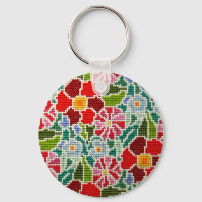 Summer memories hand embroidered round ornament keychain (Front)